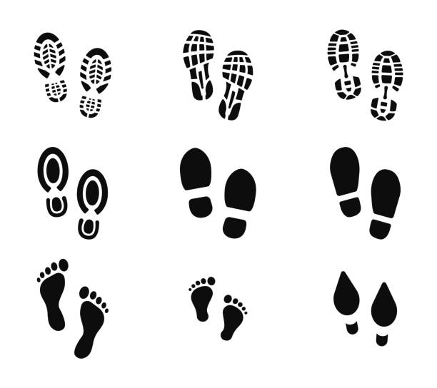 Collection of footprints shoes human walking and shoe sole feet footsteps people. Foot print, set with shoes bare feet and boot print. Paws people. Human footprints icons. Vector illustration Collection of footprints shoes human walking and shoe sole feet footsteps people. Foot print, set with shoes bare feet and boot print. Paws people. Human footprints icons. Vector illustration footprint stock illustrations