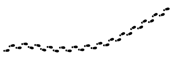 Step footprints paths. Traces of human shoes, steps of the soles of people's shoes, a route from footprints. Footsteps footprint trekking route. Footsteps print route. Vector illustration