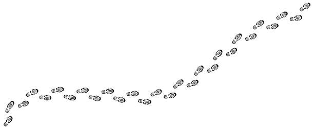 schritt-footprints-pfade. spuren menschlicher schuhe, stufen der sohlen der schuhe der menschen, ein weg von fußabdrücken. fußstapfen fußabdruck trekking-route. schritte druckroute. vektor-illustration - fußabdruck stock-grafiken, -clipart, -cartoons und -symbole