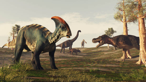 istock Dinosaurs in the valley at mountains . This is a 3d render illustration . 1312993166