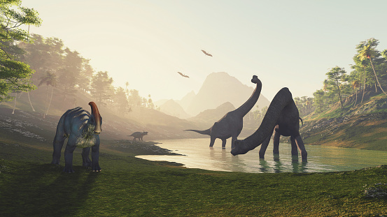 Dinosaurs in the valley at mountains . This is a 3d render illustration .