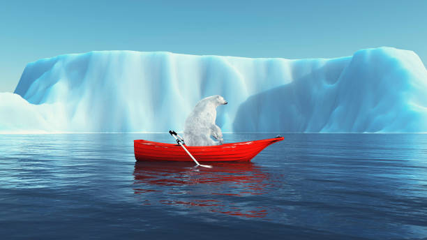 ボートと氷山のホッキョクグマ。これは 3d レンダリングのイラストです。 - polar bear arctic global warming ice ストックフォトと画像