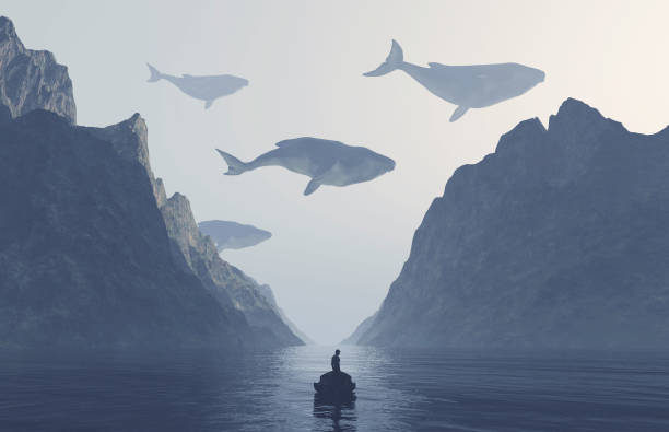 Whales flying in the sky at mountains . Surreal image of anxiety and isolation thoughts. This is a 3d render illustration . stock photo