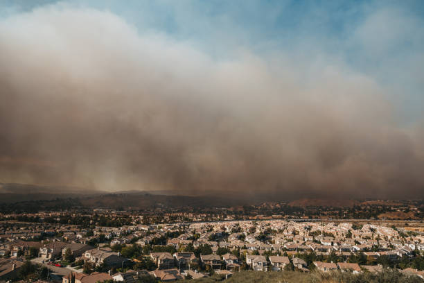 California wildfire, named Tick Fire, threatening a desert community on the outskirts of Los Angeles Heavy smoke from a California wildfire burning in Santa Clarita, CA wildfire smoke stock pictures, royalty-free photos & images