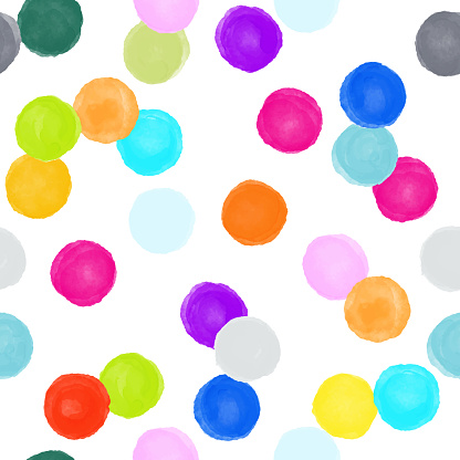 Watercolor Multicolored Circles Seamless Pattern. Abstract Background, Design Element.Vector Tile, Hand Drawn Childish Background. Party flyer template. Design element for sale banners, posters, labels, invitation cards and gift wrapping paper.