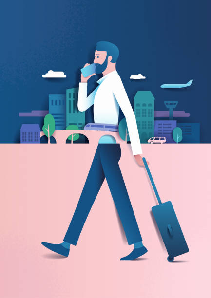 man business trip young man walks with trolley suitcase through the traffic from the airport to the city; Telephone conversation with smartphone; Background with city skyline, buildings, plane, trees, clouds, car. Paper effect, cover design with copy space for text busines travel stock illustrations