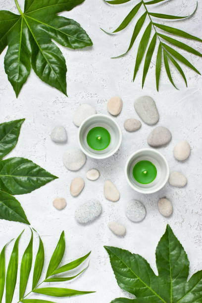 istock Spa concept - candles, stones and green leaf on light  surface, flat lay 1312998090