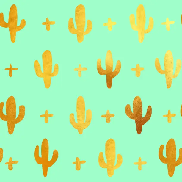 Vector illustration of Gold Hand Drawn Cactus Seamless Pattern. Hand Drawn Gold Foil Cactus Isolated. Floral tropical summer background. Party flyer template. Design element for sale banners, posters, labels and invitation cards.