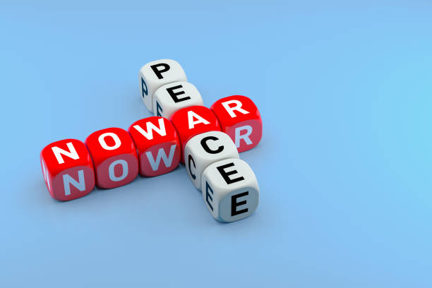 istock No to war, let peace win crossword puzzle on the blue background. 3d Rendering 1312999743