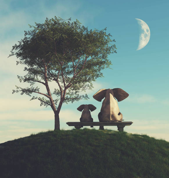 Elephant family on bench . This is a 3d render illustration .