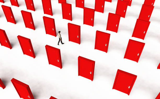 istock Top view of a man walking between multiple doors . Different choices and decision making concept . This is a 3d render illustration . 1313000112