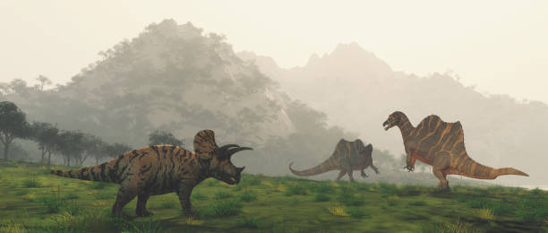 istock Dinosaurs in the valley at mountains . This is a 3d render illustration . 1313000120