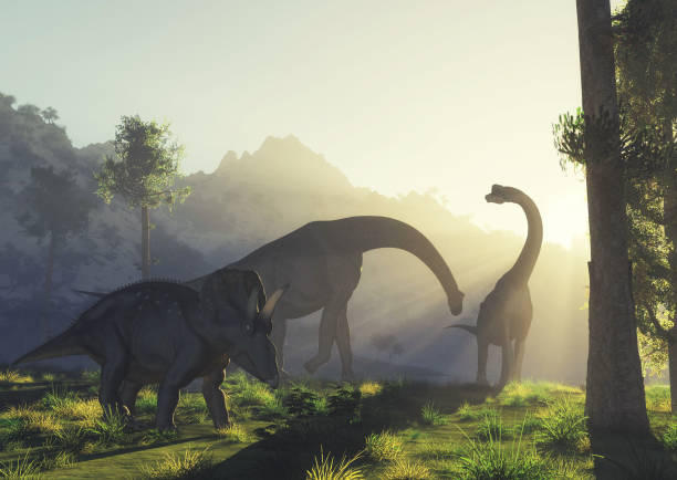 istock Dinosaurs in the valley at mountains . This is a 3d render illustration . 1313000161