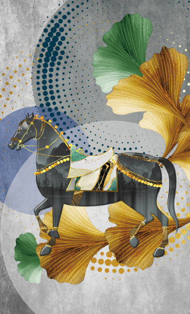 istock 3d illustration modern wall frame . Gray background with horse and circles and decorative elements . suitable for canvas art print 1313003056