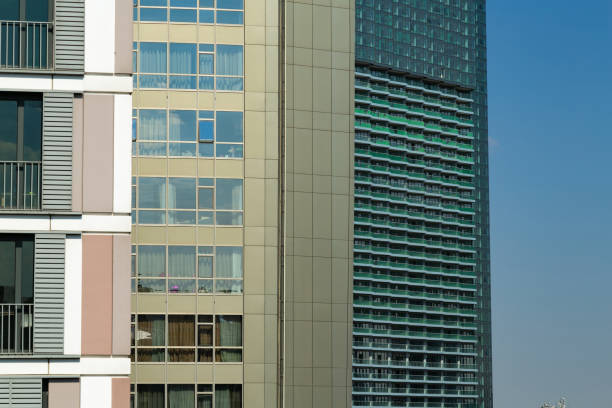 istock Different facades of architecture and outdoor facilities with panoramic windows from down to up perspective 1313009186