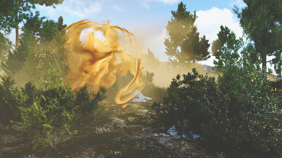 A mysterious sphere of yellow smoke outdoors