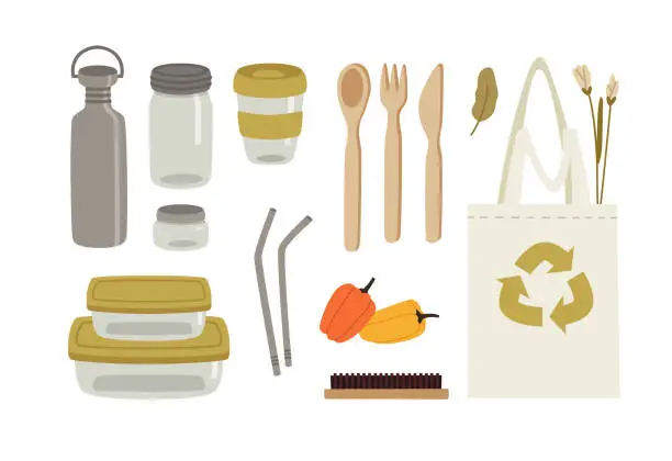 Vector illustration of Zero waste set of kitchen supplies.