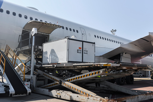 Cold cargo container with vaccines in front of airplane