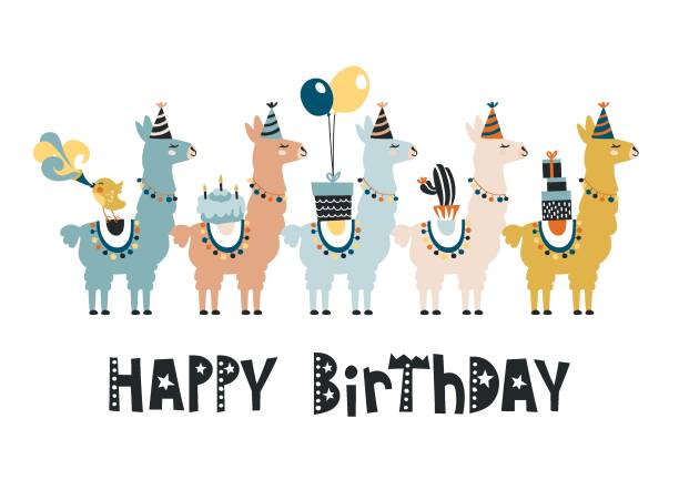 ilustraciones, imágenes clip art, dibujos animados e iconos de stock de feliz tarjeta de cumpleaños con lindo diseño de llama de dibujos animados - alpaca