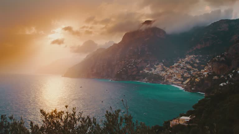 SLO MO Beautiful high angle view over the Amalfi Coast at sunset