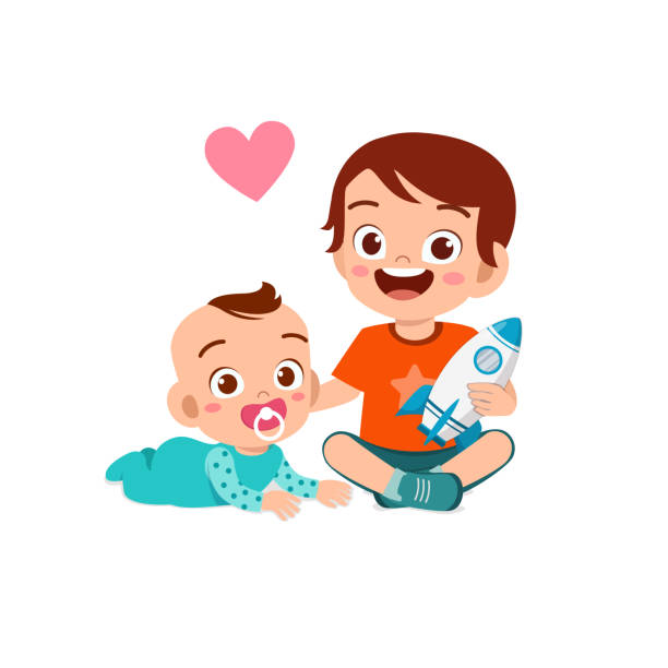 ilustrações, clipart, desenhos animados e ícones de menina fofa brincar com irmão bebê juntos - irmão