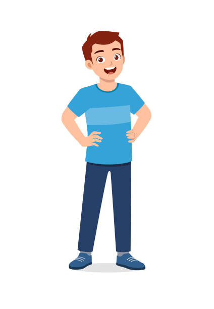 ilustrações de stock, clip art, desenhos animados e ícones de young good looking man doing arm on hip pose with confident - mannered