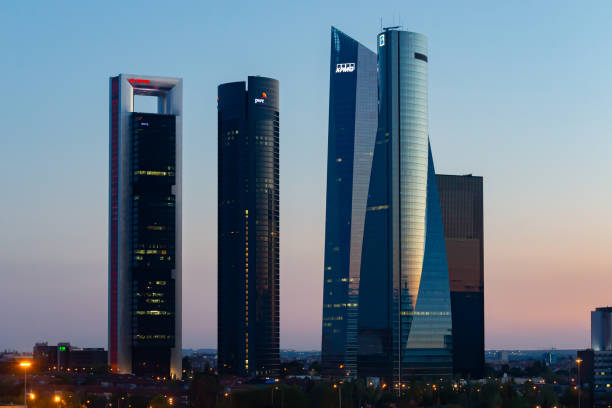 Madrid, Spain- April 3, 2021: Skyline of Madrid at sunset.  Towers of Madrid.  Skyscrapers at sunset Skyline of Madrid at sunset.  Towers of Madrid.  Skyscrapers at sunset tower stock pictures, royalty-free photos & images