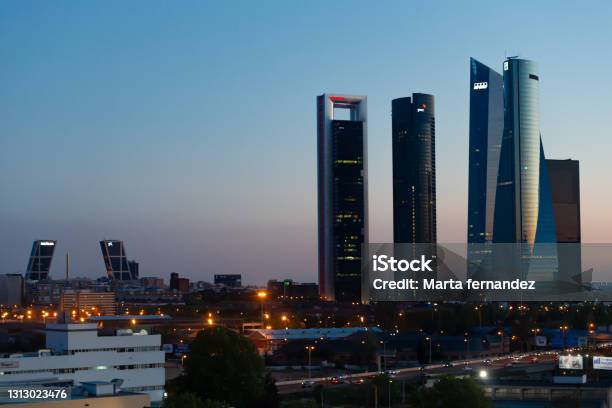 Madrid Spain April 3 2021 Skyline Of Madrid At Sunset Towers Of Madrid Skyscrapers At Sunset Stock Photo - Download Image Now