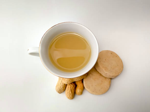 latin american drink atole or atol with marzipan and peanuts top view atole de mazapan traditional mexican drink