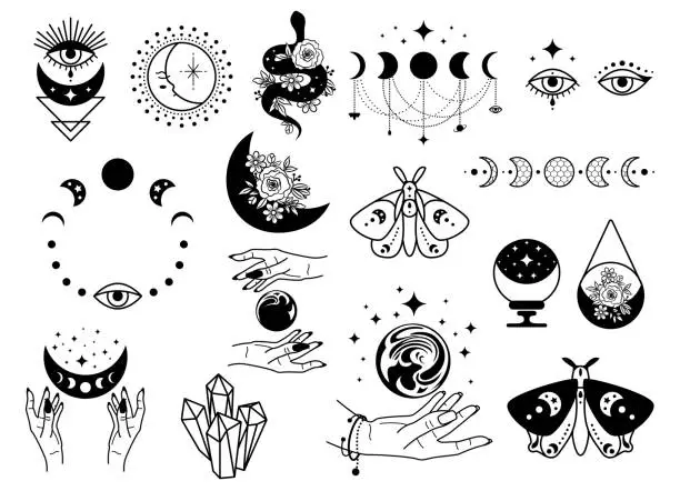 Vector illustration of Celestial black magic symbols sun, moon, crystals, evil eye, witch hands and moth. Set of esoteric symbols, alchemy and witchcraft vector art