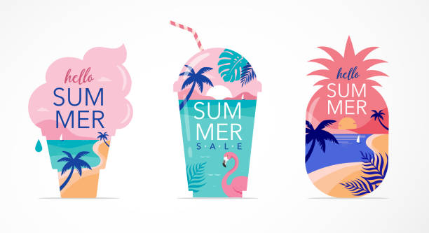 Summer time fun concept design. Creative background of landscape, panorama of sea and beach on pineapple, ice cream and smoothie shake glass. Summer sale, post template Summer time fun concept design. Creative background of landscape, panorama of sea and beach on pineapple, ice cream and smoothie shake glass. Summer sale, post template. Vector illustration fruit of coconut tree stock illustrations