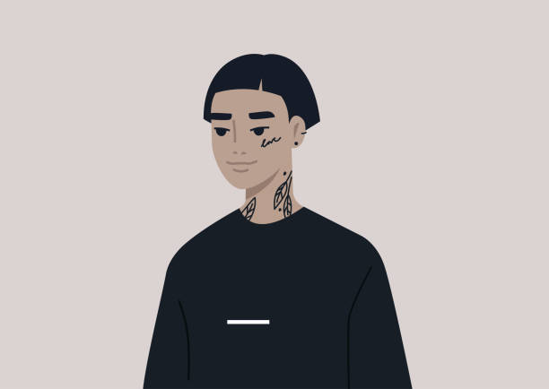 A portrait of a gender neutral Asian character wearing piercing, tattoos, and dark clothes, underground lifestyle A portrait of a gender neutral Asian character wearing piercing, tattoos, and dark clothes, underground lifestyle shoulder tattoo designs for men stock illustrations