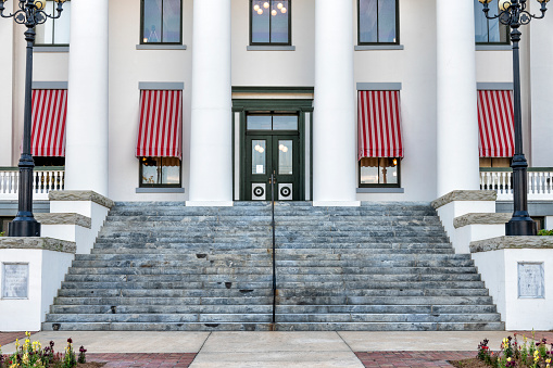 The granite staircase leading to the front door of the Florida State Capitol Building located in the city of Tallahassee, Florida.