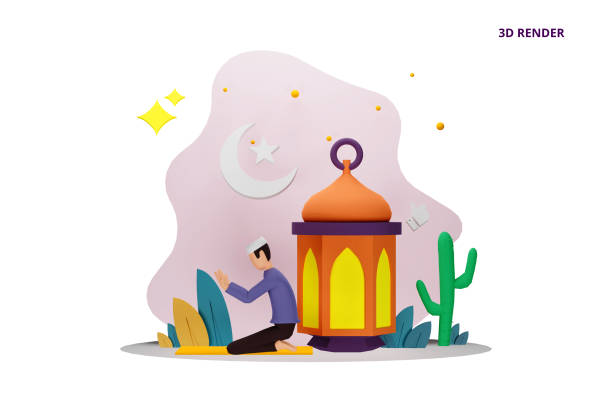 3D render happy ramadan mubarak greeting concept with people character for web landing page template, banner, presentation, social, and print media. islamic eid fitr or adha flat design illustration el 3d hace feliz ramadan mubarak concepto de saludo con el personaje de la gente para la plantilla de página de aterrizaje web, banner, presentación, redes sociales, y medios impresos. instalador de eid islámico o ilustración de diseño plano adha