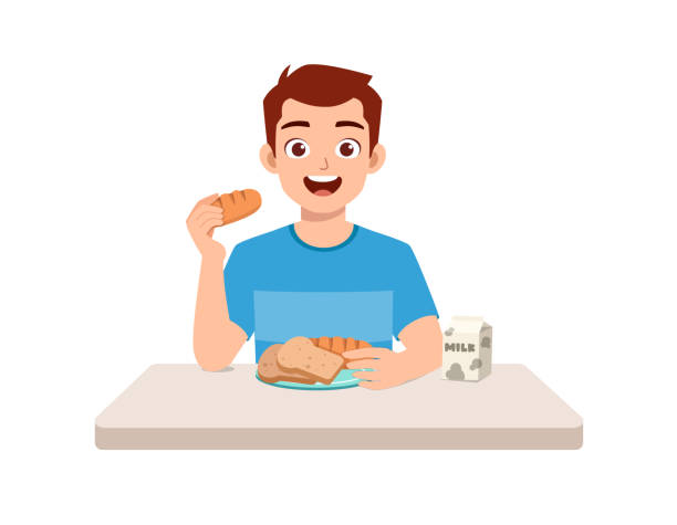 illustrazioni stock, clip art, cartoni animati e icone di tendenza di giovane uomo di bell'aspetto mangiare pane e bere latte - man eating