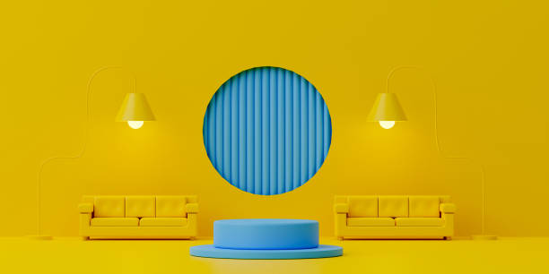istock 3d rendering empty blue cylinder podium in yellow living room. 1313055352