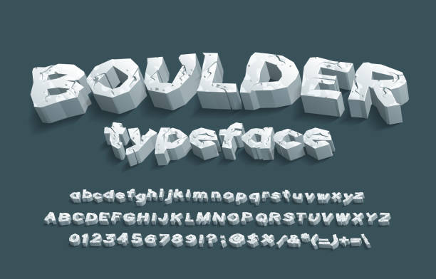 boulder-alphabet-schriftart. 3d geknackte steinbuchstaben, zahlen und satzzeichen. groß- und kleinbuchstaben. - stein fels stock-grafiken, -clipart, -cartoons und -symbole