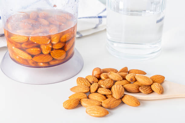 istock Step by step recipe. Cooking nuts vegetable milk. Step 2pour water to almonds in blender. Homemade food concept. Plant based organic veggie milk, lactose free 1313060404