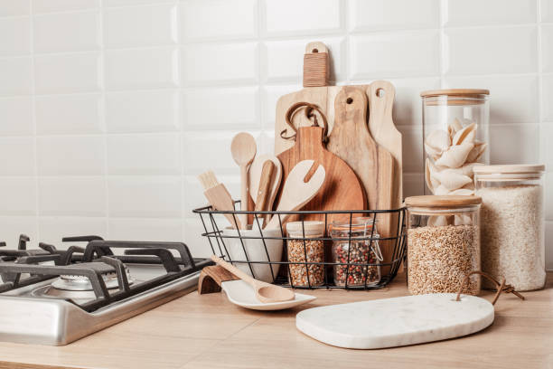 istock Eco friendly kitchen utensils and decoration, sustainable ethical lifestyle, zero waste storage, minimal modern kitchen interior details 1313063792