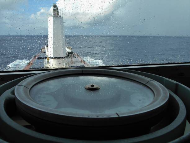 View from the bridge of a ship during rain with a navigational compass in the foreground