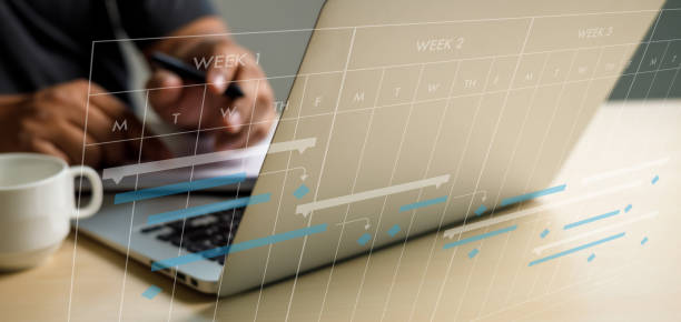 projet de travail d’homme d’affaires et mise à jour gantt software chart programmant le diagramme virtuel et la qualité de planification de progrès et le gantt de communication sur l’écran virtuel - tableau des départs et arrivées photos et images de collection