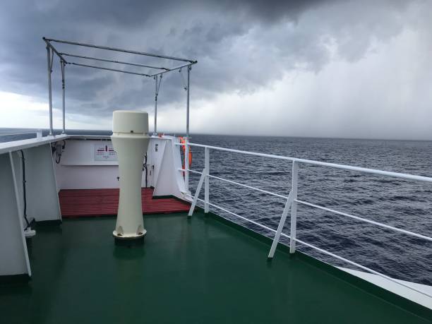 View from the bridge wings of a ship during a rainy day