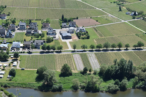 aerial view into Mosel valley with a village