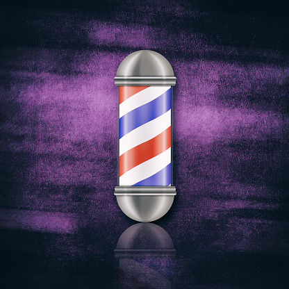 Barber Shop Pole on purple grunge background. Reflection. Square orientation. Beauty and fashion. Background.