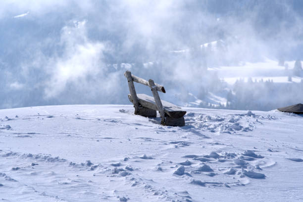 istock Empty wooden bench outdoors in the backlight surrounded with snow. 1313077751
