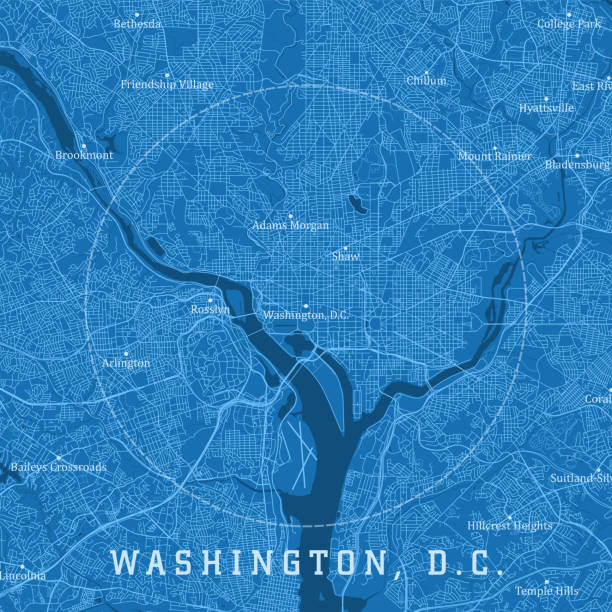 워싱턴 dc 시티 벡터 로드맵 블루 텍스트 - 도시지도 일러스트 stock illustrations