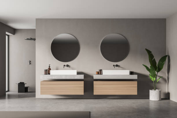 istock Modern bathroom interior with two sinks and plant in eco minimalist style. No people. 3D Rendering 1313079779