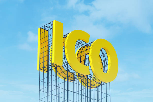 Large yellow signboard on metal frame with ICO sign Large yellow signboard on metal frame with the word ICO. Clear sky in the background. 3d rendering initial coin offering stock pictures, royalty-free photos & images
