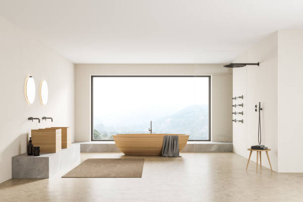 istock Bathtub and sinks with shower in beige bathroom with window 1313081652
