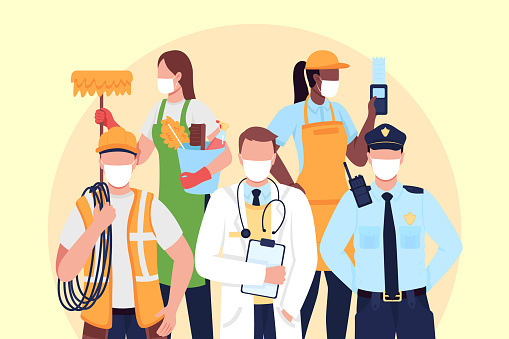 Essentials workers flat concept vector illustration. Courier, doctor in medical face mask. Frontliners 2D cartoon characters for web design. Key staff during coronavirus pandemic creative idea